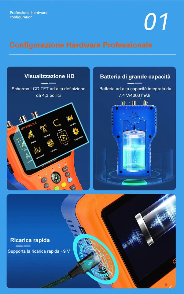 MISURATORE DI CAMPO COMBO DVB-T/T2 DVB-S/S2 ANALIZZATORE DI SPETTRO ANALISI HD - Immagine 3 di 4