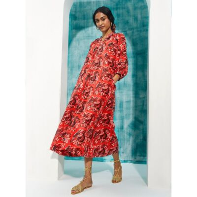 tribal print midi dress Orange Tribal Print Cotton Swing Midi Dress