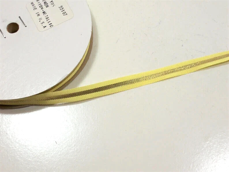 Lemon Yellow Metallic Gold Stripe Grosgrain Ribbon 3/8" wide x 10 yards B10 - Image 2 of 4