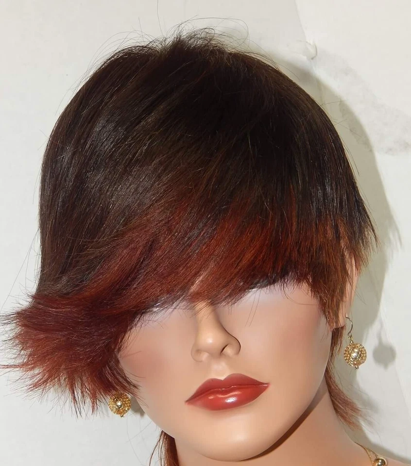 Asymmetrical 100% Virgin Chinese Full Cut Lace Wig Color Brown Highlight Arburn - Image 4 of 4