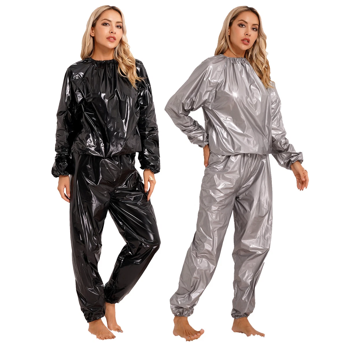 Women/Men PVC Sauna Suit Long Sleeve Elastic Cuff Top&Pants Workout Sweat  Suit