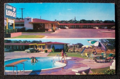 1961 Old Cars Flying W Lodge Motel Ozona TX Crockett Co Postcard Texas