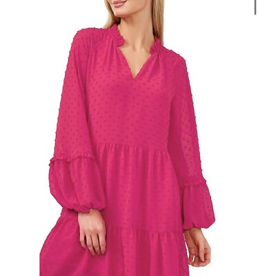 CeCe Split V-Neck Long Sleeve Clip Dot Tiered Babydoll Dress Size XL $99.00  | eBay