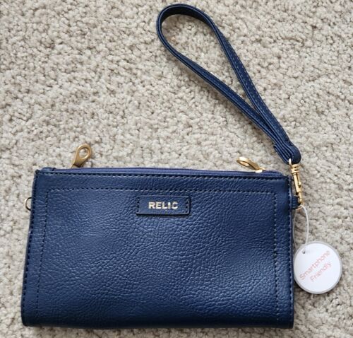 Relic Wallet Wristlet Navy  Faux Pebbled Leather with optional crossbody trap - Afbeelding 1 van 6