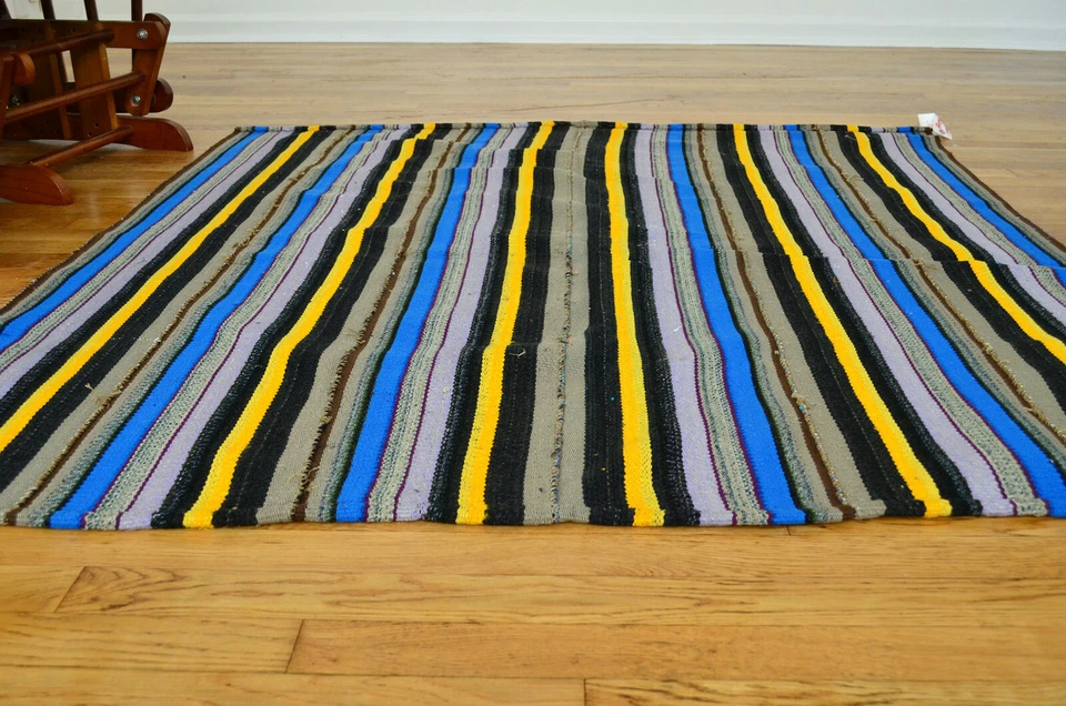 Alfombra oriental de lana anudada a mano a rayas Kilim plana tradicional de colección 5x5 Foto 2 de 4