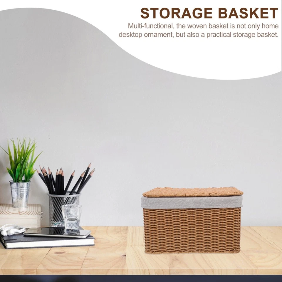 Rectangular Rattan Storage Basket With Lid Woven Wicker Box With Liner Sundries - Image 2 of 4