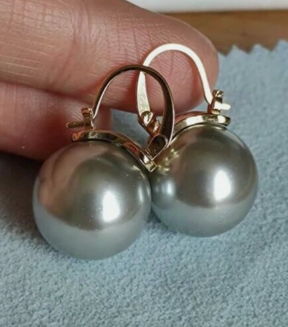Huge AAAA 16MM PERFECT Gray south sea round shell pearl earrings 14K GOLD MARKED - Image 3 of 4