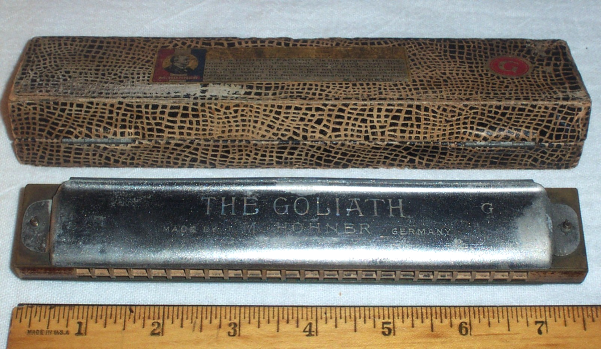 circa 1920s Antique Hohner 7.5 inch Goliath Key of G Harmonica