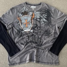 MMA Elite Shirt Gray Skull Cross Thermal Long Sleeve Cyber Y2K Mens XXL EUC