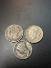 3 US Silver Dimes Two Mercury One Roosevelt 90% Silver Fair Condition