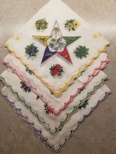 4 Order of Eastern Star OES Vintage Handkerchiefs Scalloped Edges Hanky Hankie