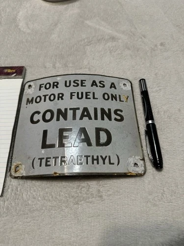Vintage 1940s Porcelain Motor Fuel Only Contains Lead Tetraethyl Gas Pump Sign