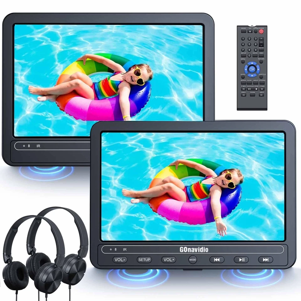 Reproductor de DVD portátil con pantalla de coche de 2 x 10,5" asiento trasero TV reposacabezas monitor con batería Foto 2 de 4