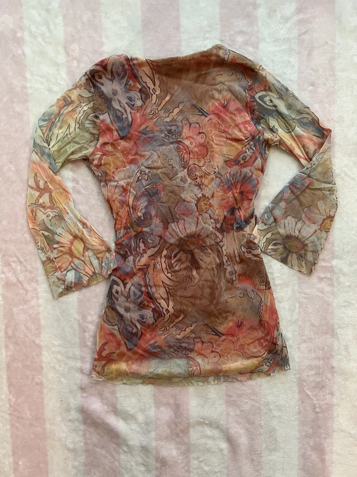 Top Boho Weston Wear M Malla Transparente Estampado Floral Cuello en V Manga Larga Foto 4 de 4