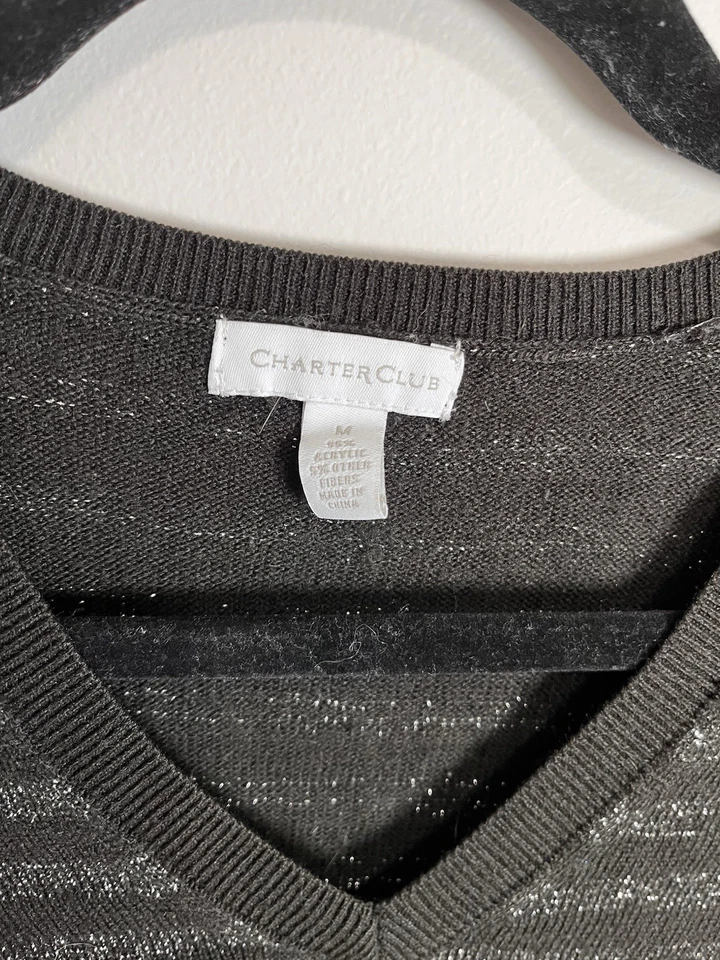 CHARTER CLUB Pullover Silver Shimmer Striped V-Neck Women’s Sweater Sz M EUC - Image 2 of 4