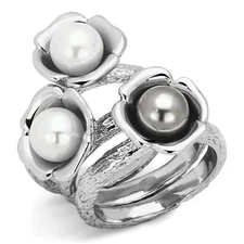 Women's Floral Ring Set, Multi Pearl, Stainless Steel, Statement, Textured Band