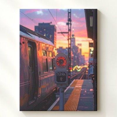 Golden Hour Train Arrival Canvas Cinematic Urban Train Scene Wall Art