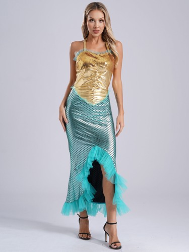 Damen Meerjungfrau Prinzessin Cosplay Kostüm Pailletten Dress Up Halloween Party - Bild 12 von 56
