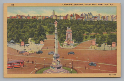 Postcard New York Columbus Circle Central Park Skyline Bus Linen   C526