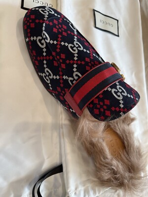 Authentic Gucci Men's Princetown Navy Red GG Diamond Motif Fur Authentic Gucci Men's Princetown Navy Red GG Diamond Motif Fur