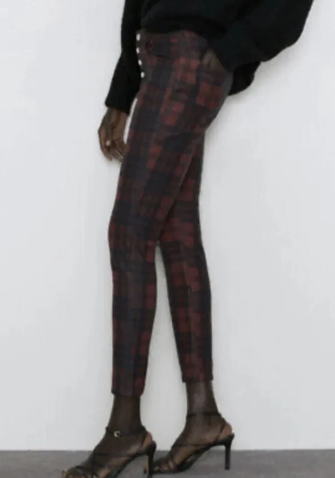 Zara Women Pants Mid Rise Skinny Red Black Plaid Coated Button Fly Front Size 4 - Image 3 of 4