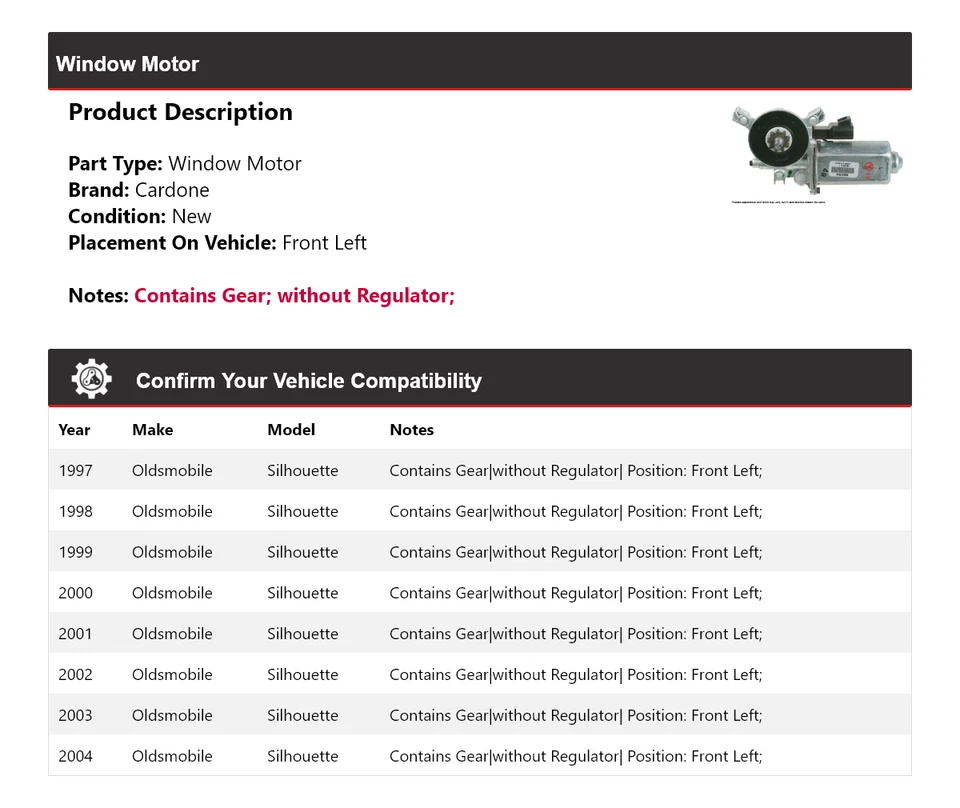 Para 1997-2004 Oldsmobile Silhouette motor de janela dianteiro esquerdo Cardone 1998 1999 - Imagem 2 de 4
