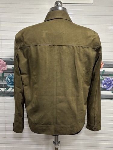 Men's Olive Green Suede Jacket Trucker Biker Shirt Snap Button Closure Casual Co - Picture 7 of 16