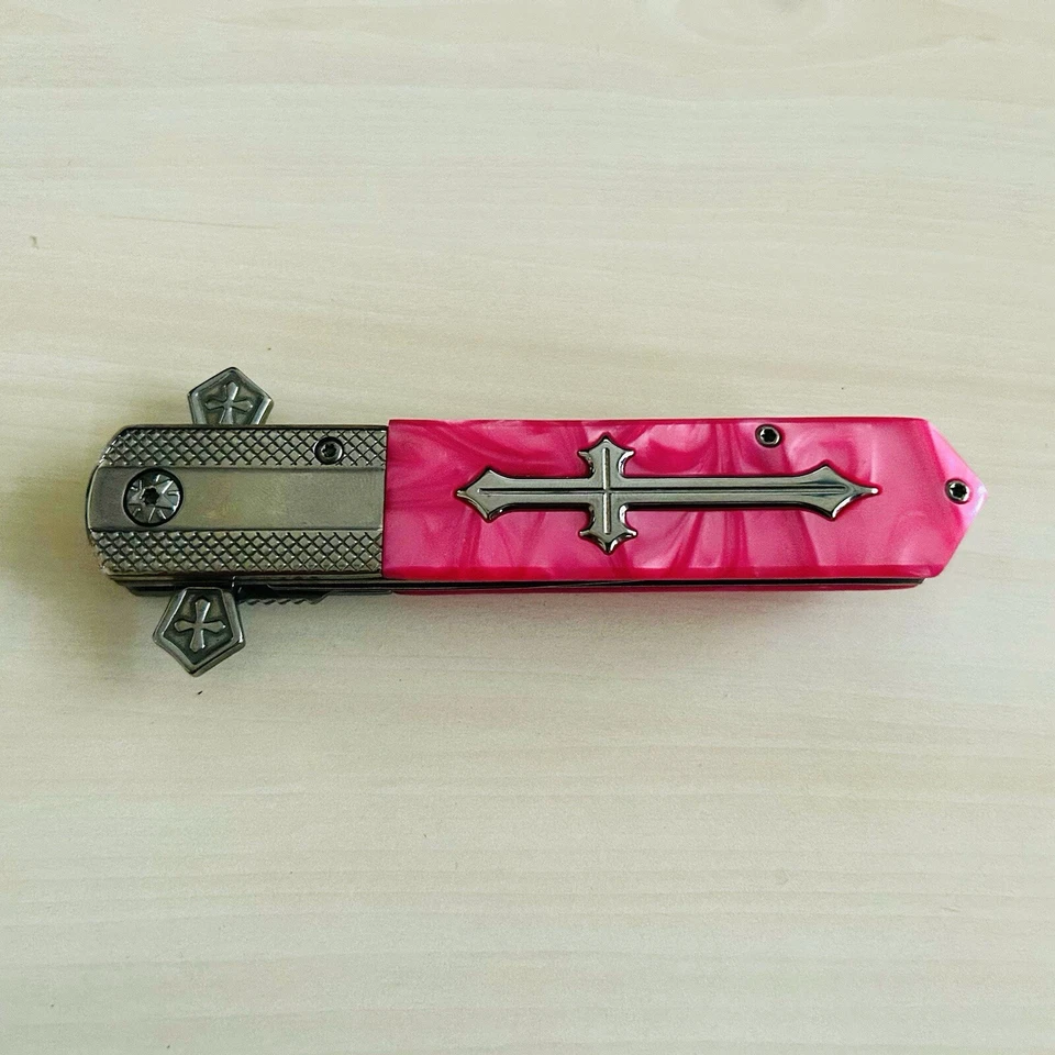 9” Pink Pearl Cross Tactical Spring Assisted Folding Pocket Knife Girl’s Knife - Image 4 of 4