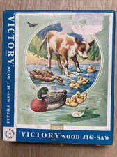 Vintage Victory Wood Jig-saw Puzzle Original Box Made in England Cow Ducks