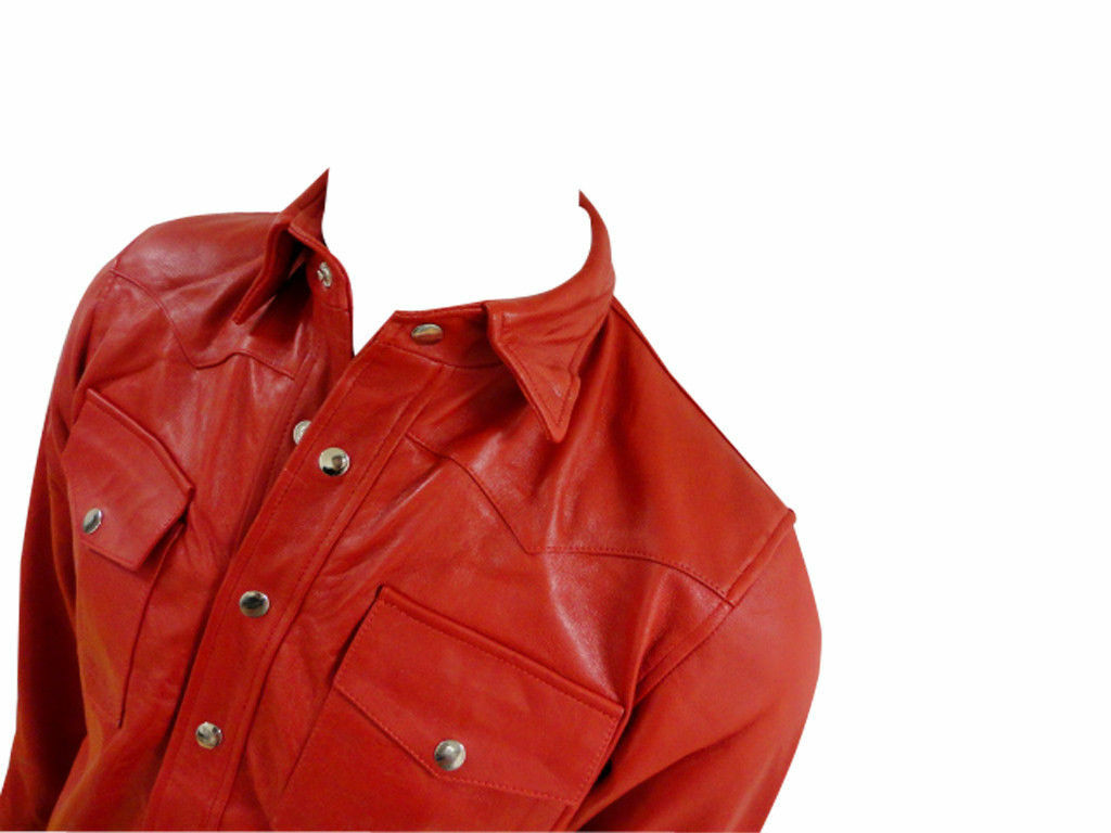 Men's RED Leather Shirt Pure Real Lambskin Casual Wear Leather Shirt eBay