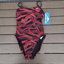 TYR The Finals Women Maize Swimsuit Thin Swanback Red Black 1 Piece- Sz 32 New 