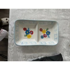 Tag Ceramic Divided Serving Dish Floral Pattern Greek Key Border Blue White Red