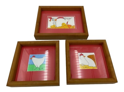 Ink & Acrylic Art Set Of 3 Country Farm Life Chicken Dog Signed JAM '90 5x7