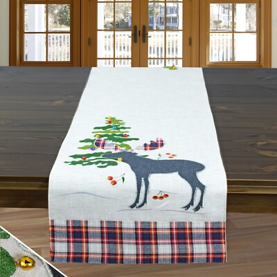 ''Christmas Reindeer'' Embroidered Table Runner with Applique 08054-284