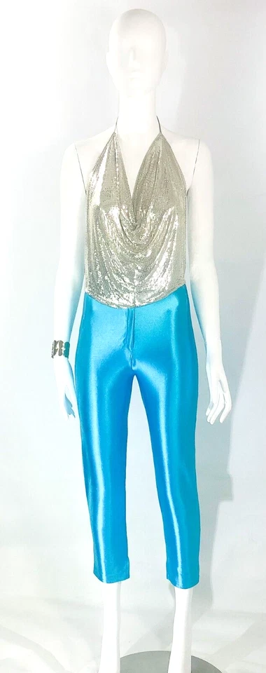 Pantalones de discoteca elásticos de nailon vintage azul aguamarina brillante Merivale Australia talla XS Foto 2 de 4