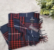 [222] NWT Steve Madden 100% Acrylic Navy Blue Red Plaid 6 1/2 Feet Length Scarf