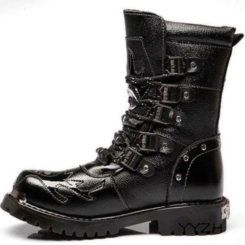 Mens Gothic Boots Punk Biker Combat Lace Black Motorcycle Cool Military Shoes UK - Picture 6 of 16