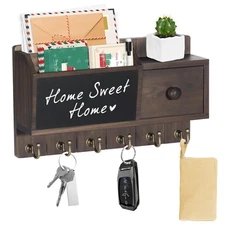 Brown Wood Key and Mail Holder for Wall with Drawer Chalkboard 6 Hooks