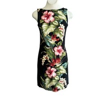 Iolani Dress Black Hibiscus Floral Fitted Sheath Made in Hawaii Size Small
