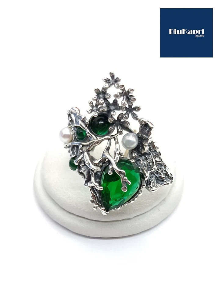 Anello donna argento 925 con pietra verde e perline gioiello artigianale orafo - Immagine 3 di 4