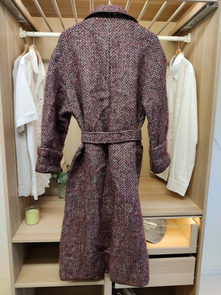 VINTAGE AQUASCUTUM BURGUNDY COAT WOOL UK 12 WOVEN LEATHER TRIM BELTED OVERCOAT - Image 4 of 4