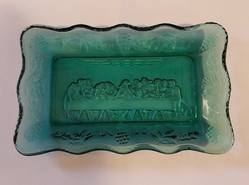The Last Supper Tiara Indiana Glass Spruce Green Plate Vintage 5.5" x 3.5"