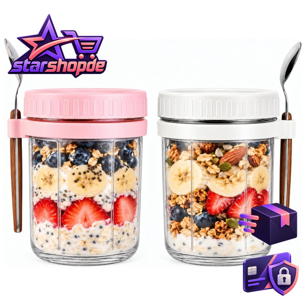 Overnight Oats GläSer 296Ml 2Er Set Mit LöFfel Und Schraubdeckel KüChe 2 StüCk-image