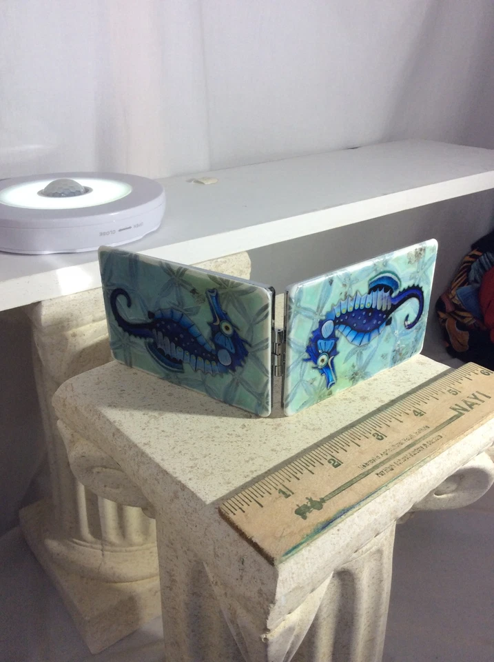 decorative compact mirror featuring a blue seahorse design on the lid - euc - Image 2 of 3