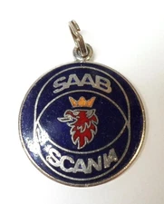Vintage SAAB SCANIA KEY FOB Enameled Metal Return Postage Guaranteed Swedish Car