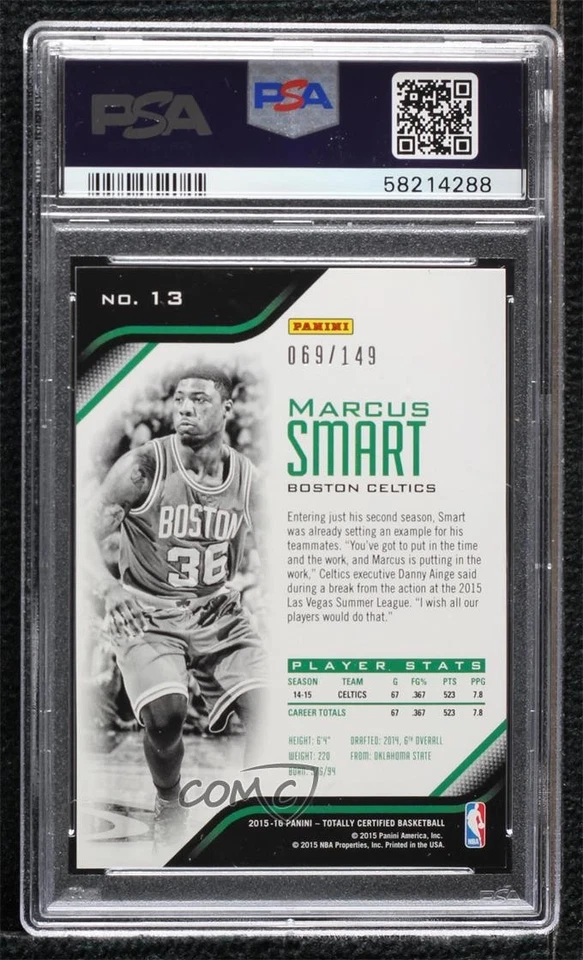 2015-16 Panini Totally Certified Mirror Red /149 Marcus Smart #13 PSA 9 MINT - Image 2 of 2