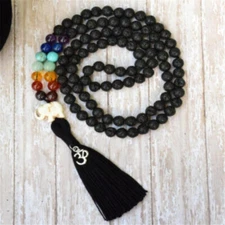 8mm Lava Stone 7 Chakras Tassel Mala Necklace 108 Bead Chakas Buddhism