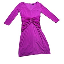 Ann Taylor Magenta V-Neck Ruched Dress with 3/4 Sleeves size 6
