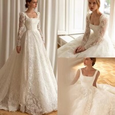Luxury A-Line Wedding Dresses Square Neck Puff Sleeved Lace Applique Bridal Gown