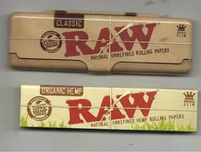 RAW CIGARETTE ROLLING PAPER TIN - INCLUDES PACK OF KING SIZE ORGANIC PAPERS 